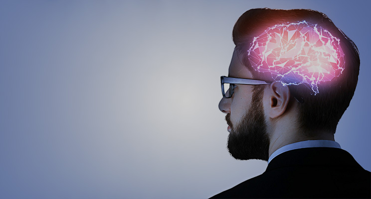 Man in glasses with a animated brain superimposed onto their head