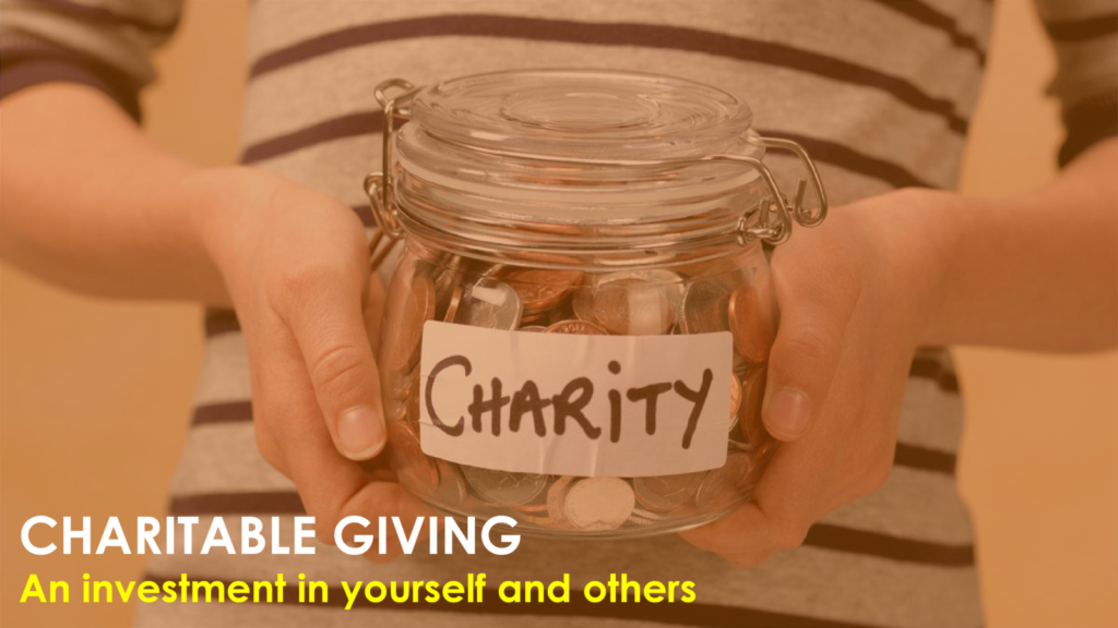 Person holding air tight jar with coins labelled "Charity"